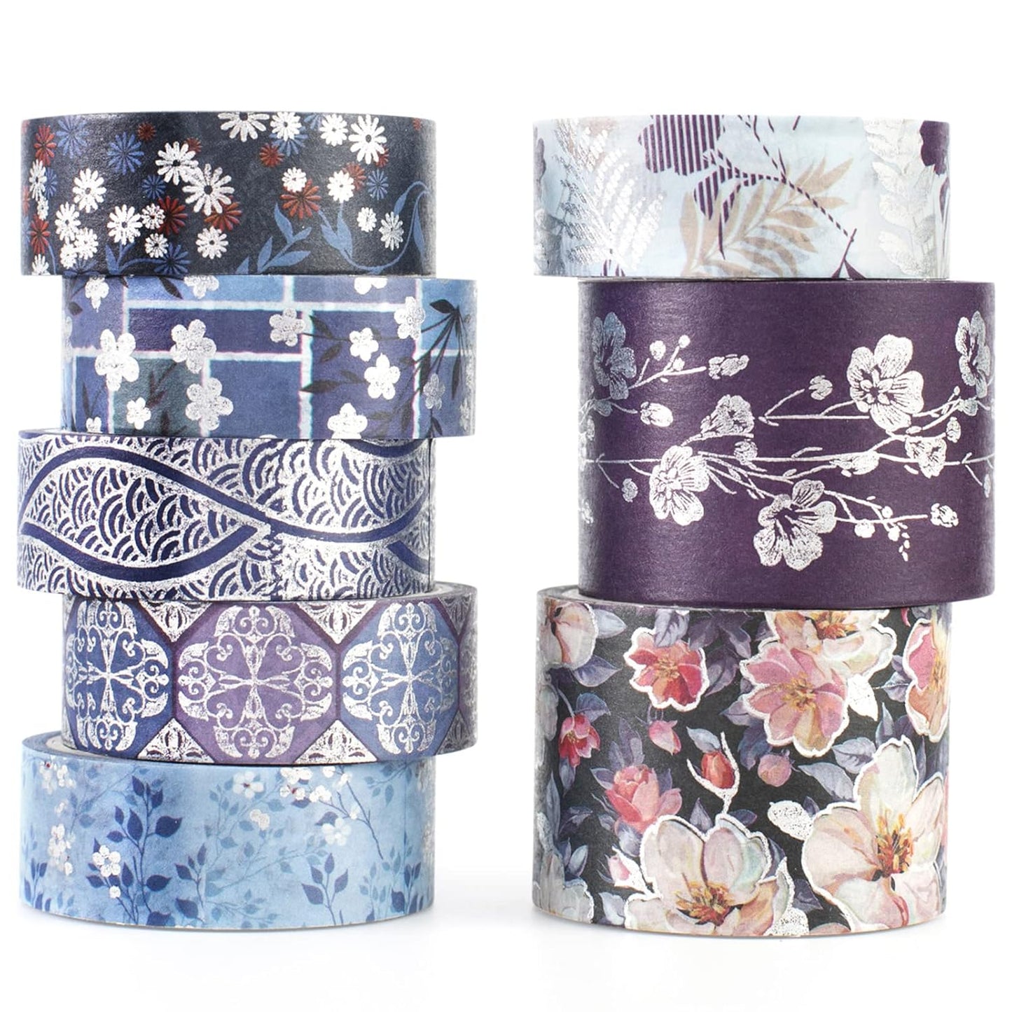 YUBX Elegance Blue Washi Tape Set 8 Rolls Wide Silver Embellishment Decorative Masking Tapes for Arts, DIY Crafts, Journals, Planners, Scrapbook, Wrapping