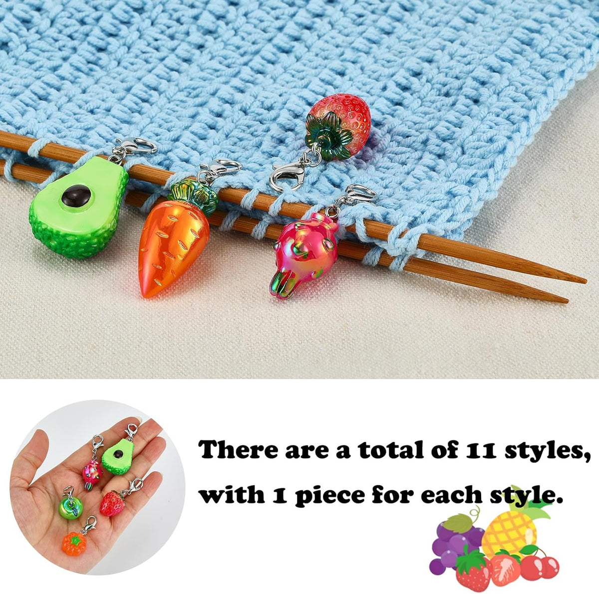BEEFLYING 11Pcs Fruit Stitch Marker Charms for Crocheting and Knitting,Locking Resin Crochet Knit Stitch Marker Pendant with Lobster Clasp for Knitting Crocheting Accessories