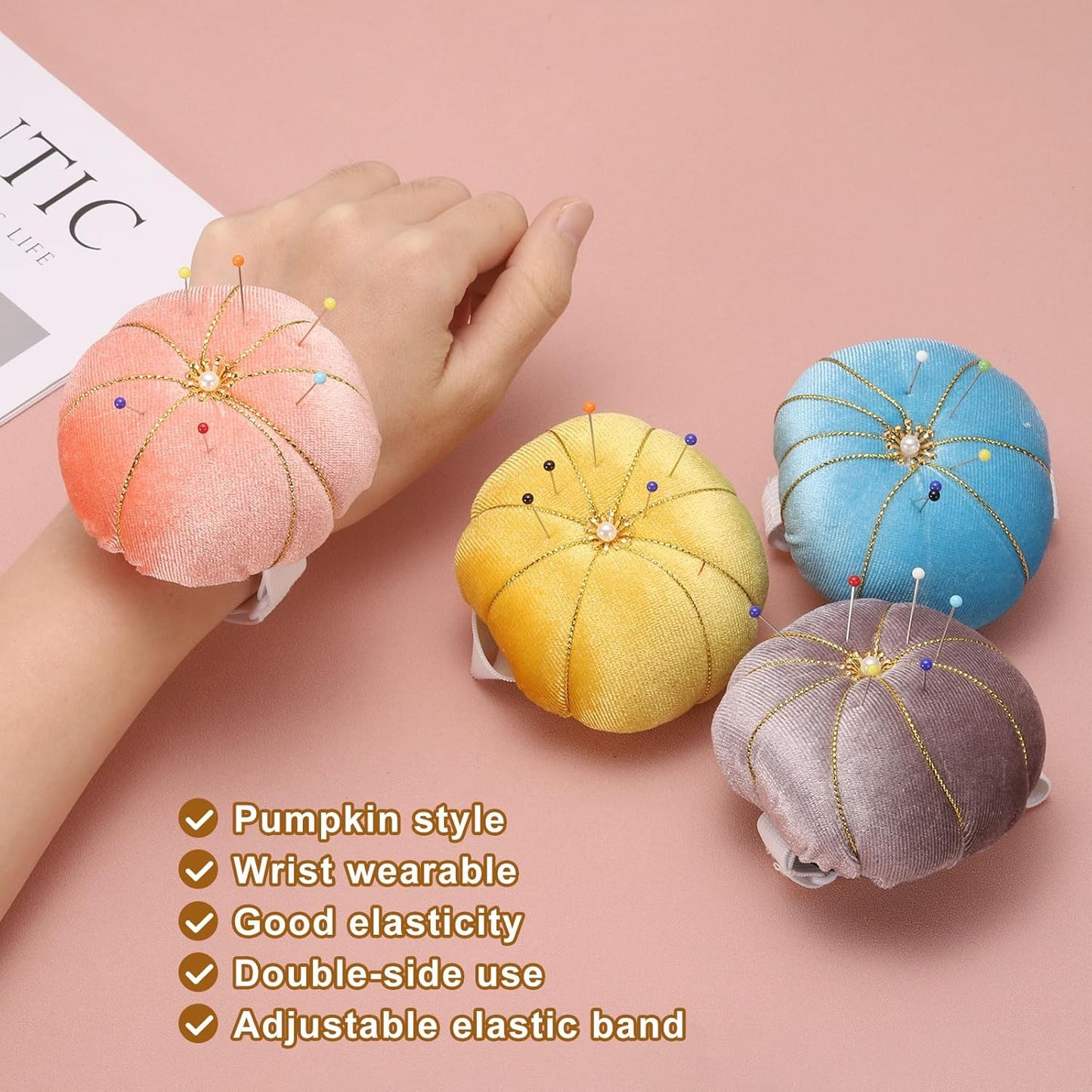 HARFINGTON Wrist Pin Cushion Wristband Sewing Pincushion Polyester Pin Holder Wearable Pumpkin Shaped Needles Wristband for Sewing Quilting Needlework DIY Crafts, Gray