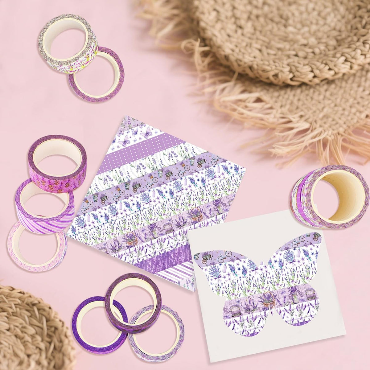 12 Rolls Lavender Washi Tape, Purple Floral Masking Tapes, Flower Butterfly Decorative Tape for Journals, Planners, Scrapbooking, Packaging, DIY Arts Crafts, Wrapping 16.4FT