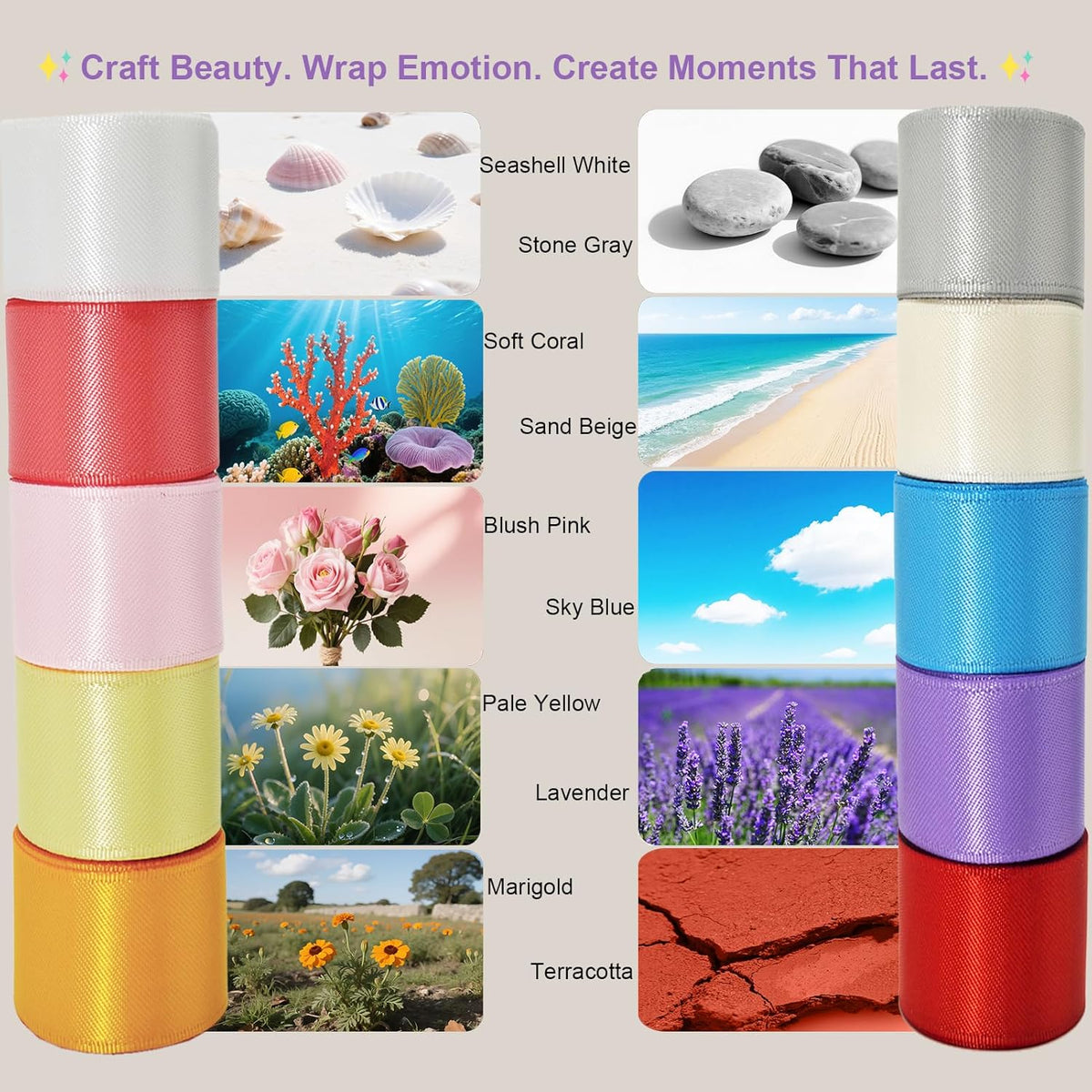 5/8 Double-Faced Satin Ribbon 50 Yards Set,“Morning Meadow”–10 Nature Colored Ribbon Bulk for Gift Wrapping, Crafts, Flower Bouquet, Easter, Wedding, Party Decor, Teacher Kids, Hair & Bows