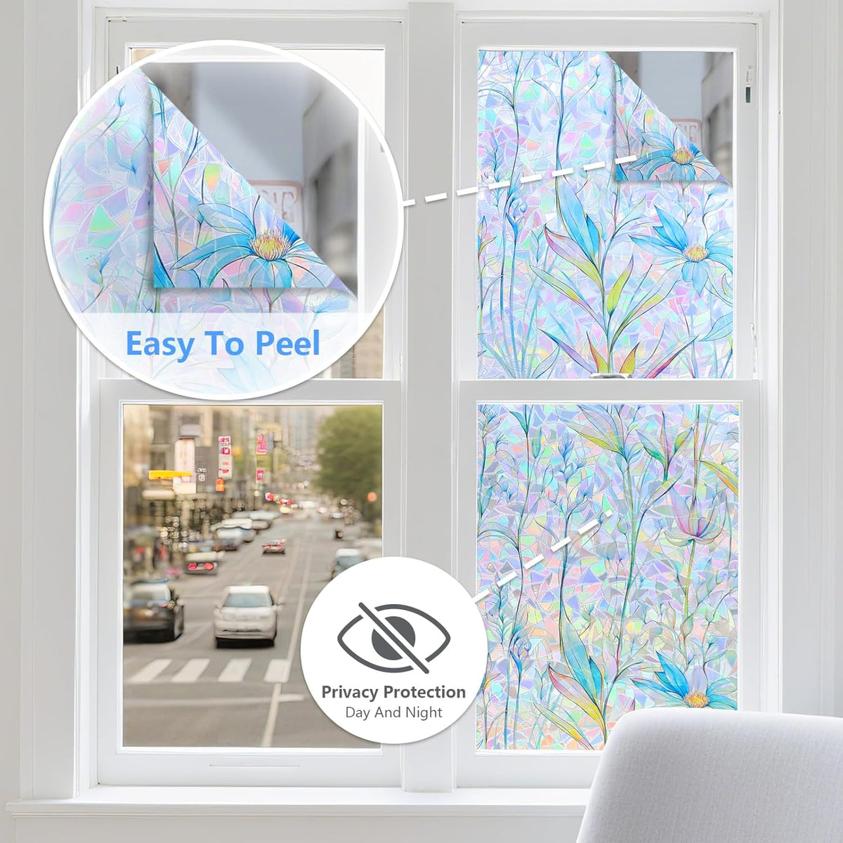 FINNEZ Window Privacy Film Stain Glass Film Flowers Rainbow Window Film Window Clings Non-Adhesive Reusable Decorative for Home（Blue Lotus，35.4 Inch x 13.1 Feet）