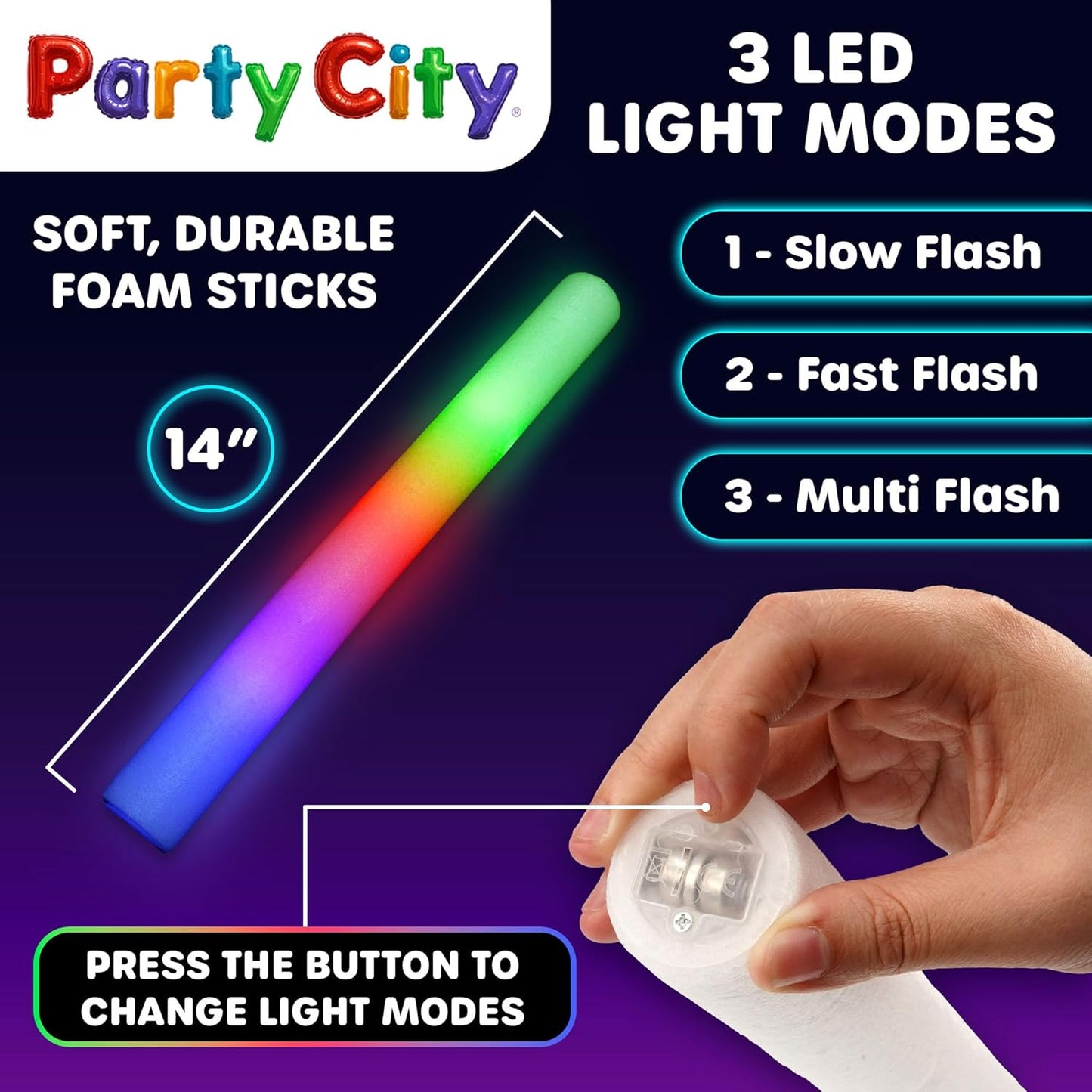 Party City 24pk LED Foam Glow Sticks 14”- Glow in the Dark Party Supplies Favors, Colorful Flashing Wand with 3 Modes, Light Up Foam Sticks Bulk Party Pack for Wedding, Birthday, Concert, Halloween