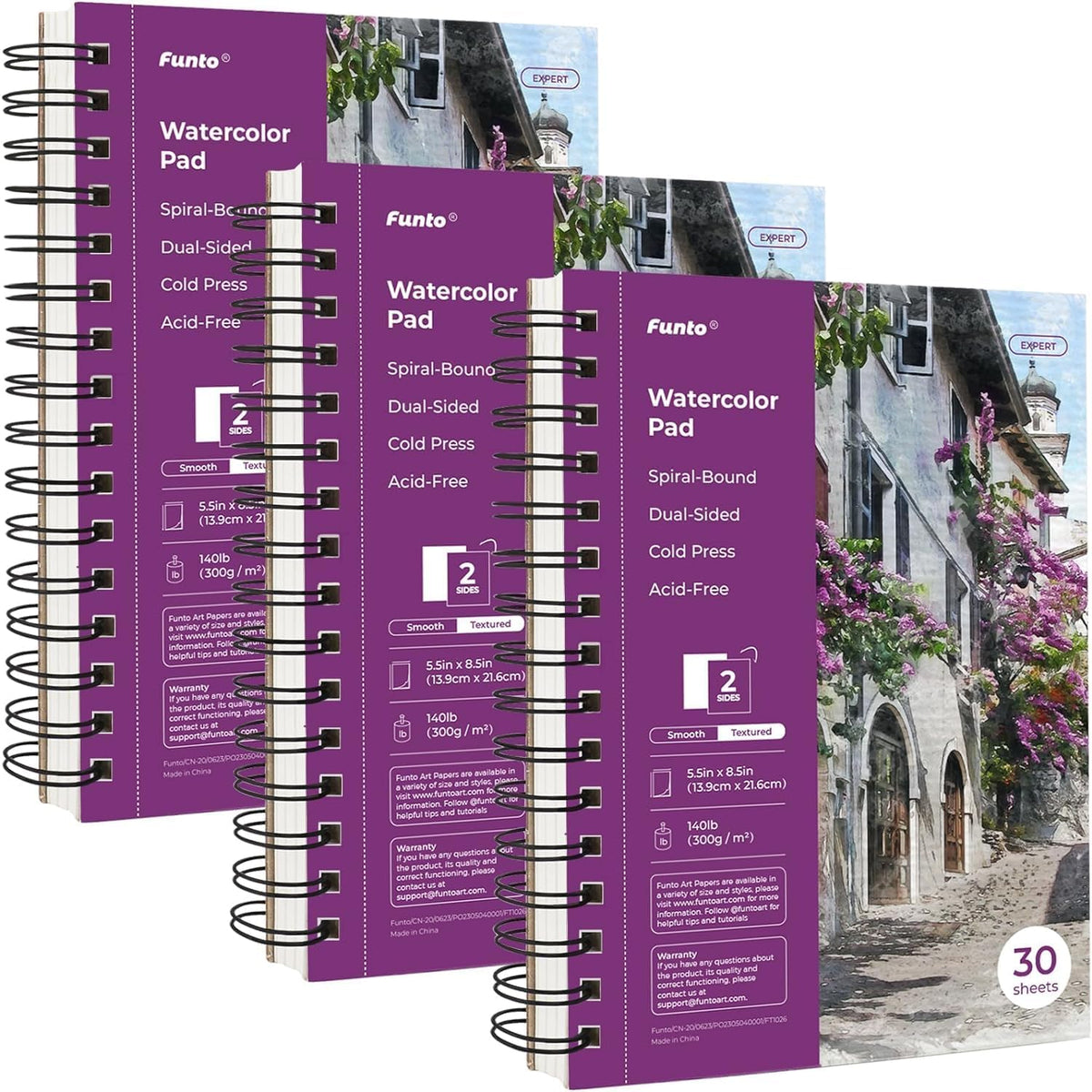 Funto Watercolor Pad 5.5x8.5, 3 Pack, 90 Sheets,140lb/300gsm, Double-Sided, Cold Press, Spiral Bound, Heavyweight Paper for Watercolor Painting
