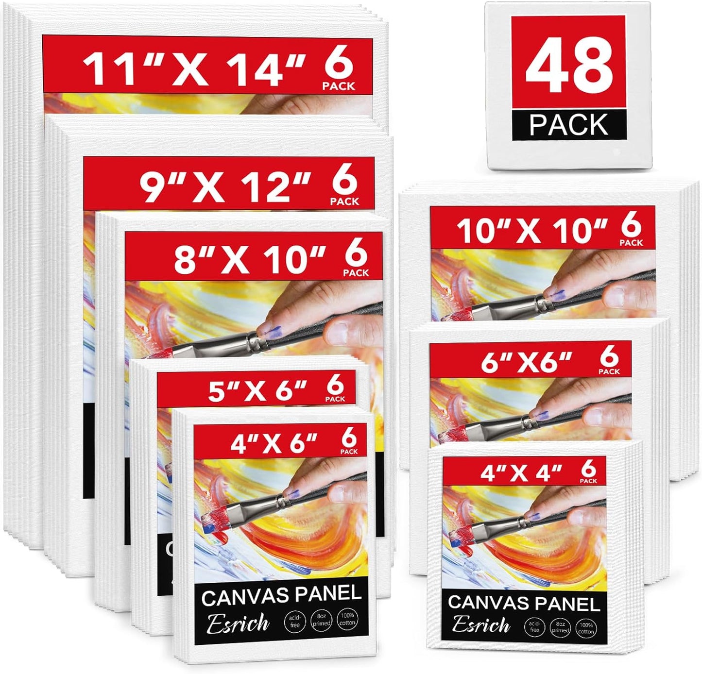 ESRICH 48 Pack Canvas Boards for Painting, 6Pcs of 4x4, 4x6, 5x6, 6x6, 8x10, 10x10, 9x12, 11x14 Canvas for Painting, Cotton Primed Blank Painting Canvas Panels for Oil, Acrylic, Watercolor