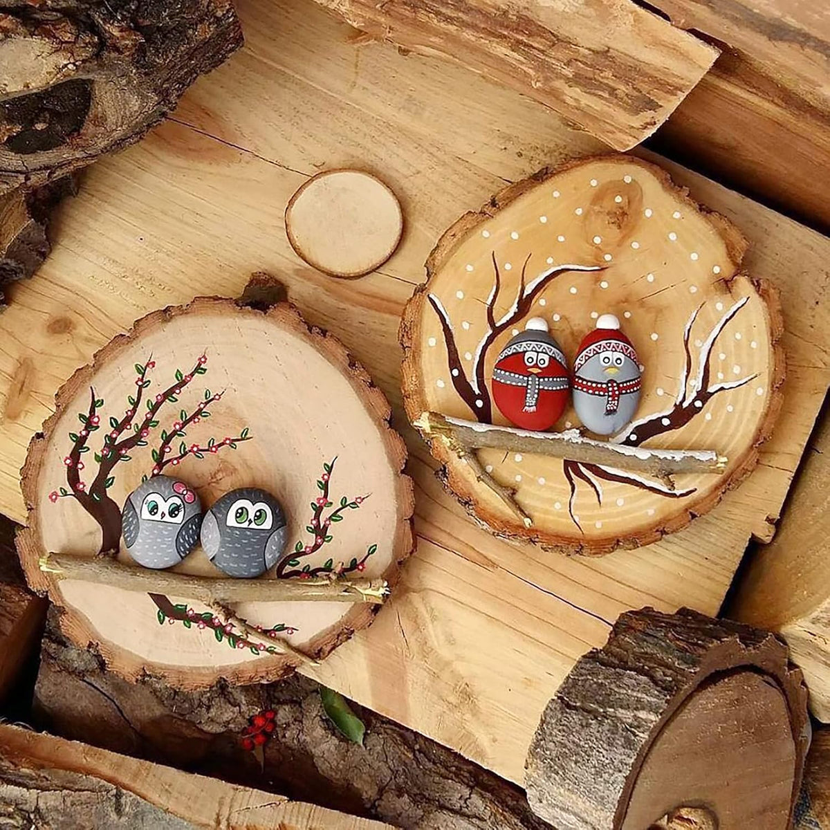JEUIHAU 8 PCS 8-9 Inches Natural Wood Slices, Unfinished Predrilled Wooden Circles Tree Bark Slice, Blank Wooden Log Circles for DIY Crafts, Arts Wood Slices, Christmas Ornaments