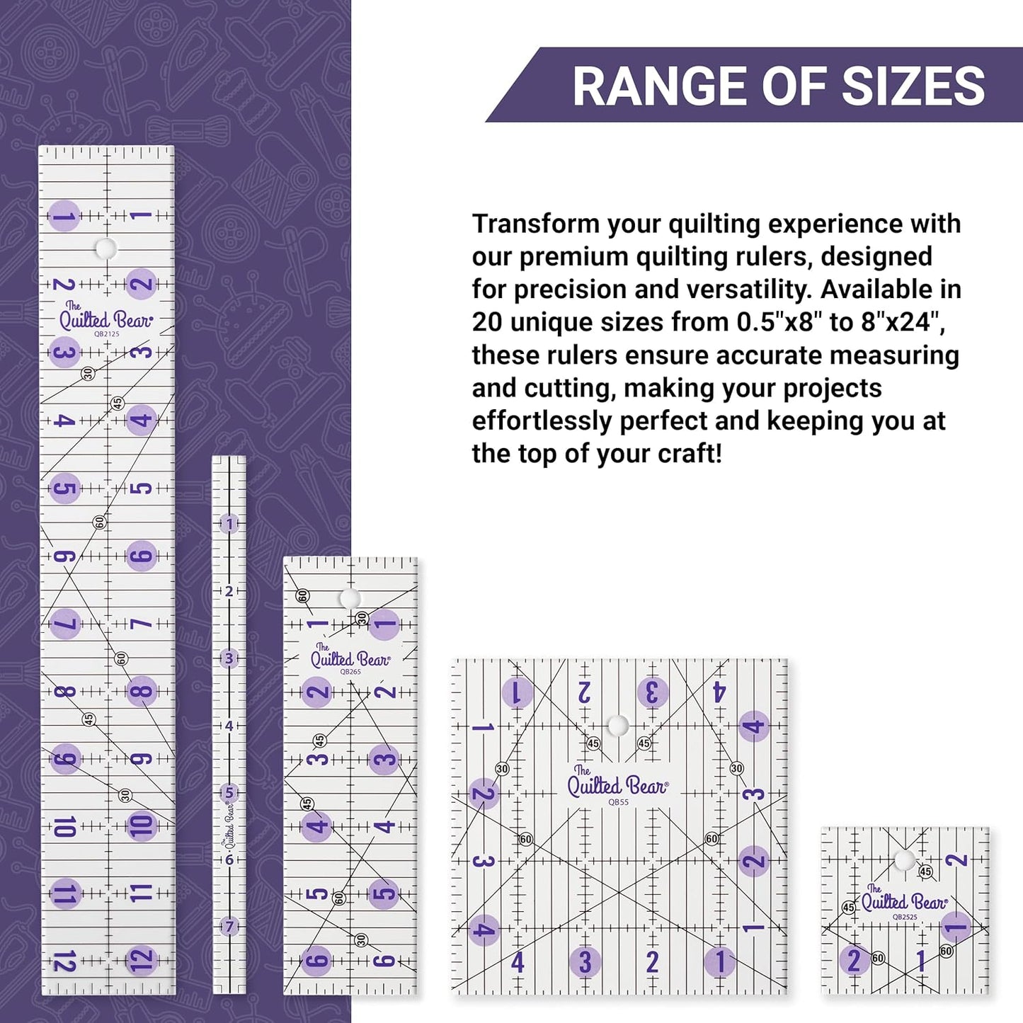 The Quilted Bear Quilting Rulers - Transparent Acrylic Non Slip Quilting, Patchwork & Sewing Ruler with Clear Black Lines & 30, 45 & 60 Degree Angles (3.5" x 18.5")