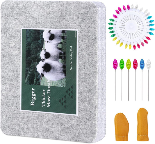WONVOC Needle Felting Mat, Needle Felting Tools, 8''x10''x1'' Natural Felting Wool Mat, Felting Pad, Needle Felting Supplies, with Finger Cots and 30 Straight Pins, Felt Pad for Making Felting Crafts