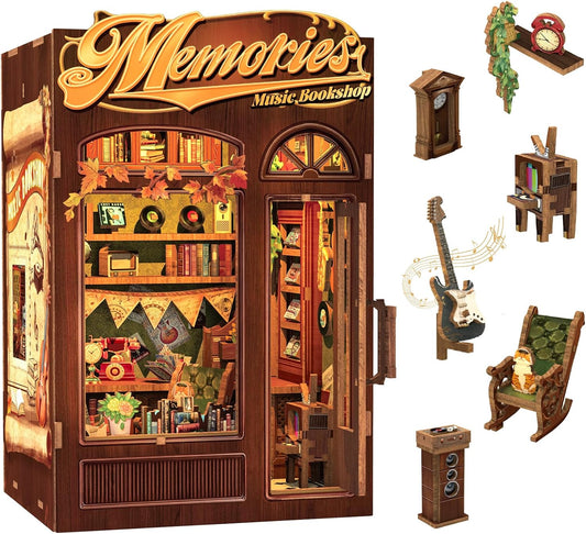 CUTEBEE Book Nook Kit - DIY Miniature House Dollhouse Kit for Adult and Teens, Booknook Bookshelf Decor Alley Model Build with LED Light, Gifts for Family and Friends (Memories Music Bookshop)