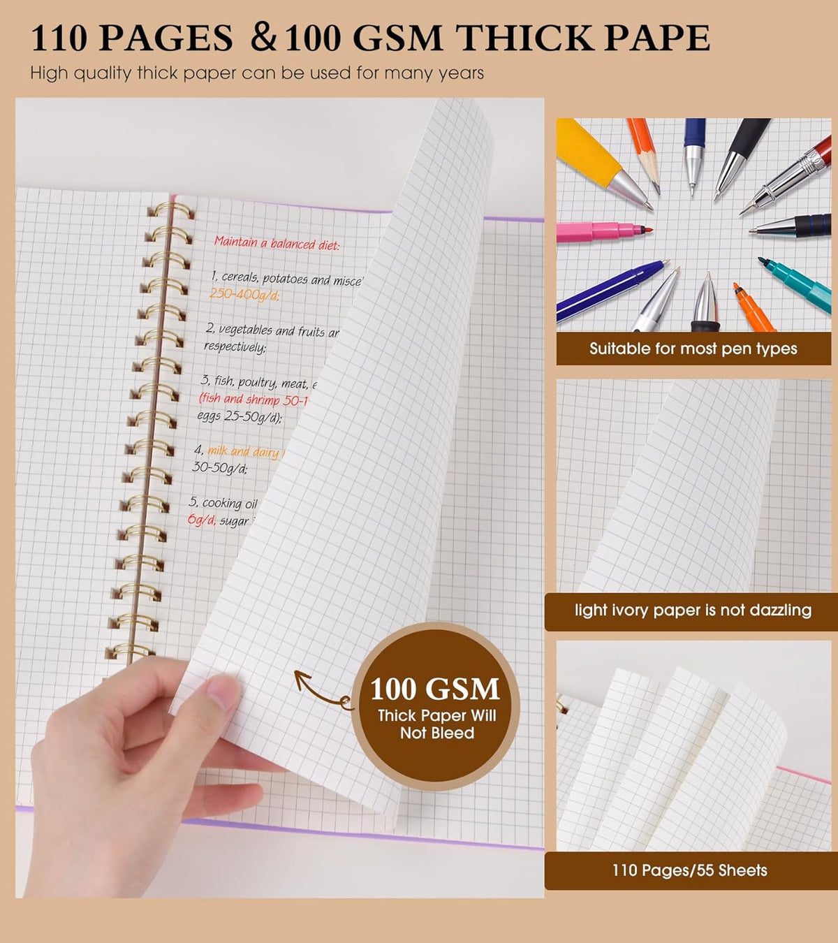 Graph Paper Notebook, Spiral Notebook Journal 8.5” x 11”, A4 Large Grid Notebooks for Women Men, 100 GSM Graph Paper, Plastic Hardcover Spiral Graphing Journals for Work School Engineerin, Purple