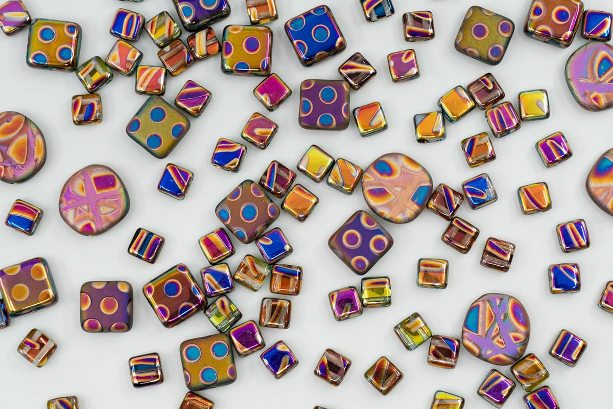 1.75 oz (50g) Mix of Unique Czech Bohemia Glass Pressed Beads, Violet Pink Vitrail Sliperit, Patterned, Matte and Glossy, Hand Made BCV