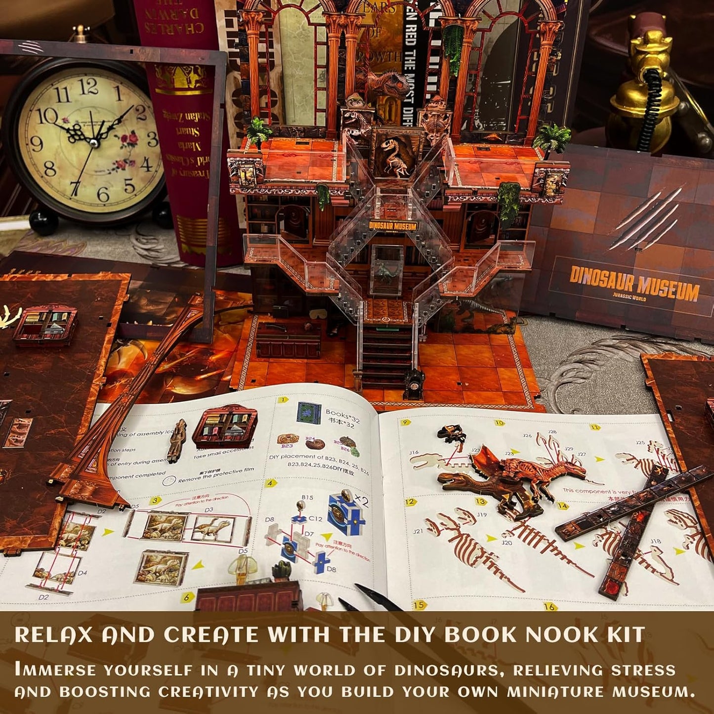 Book Nook Kit - DIY 3D Wooden Puzzle Miniature House with LED Lights - Creative Crafts for Adults - Bookshelf Insert Decor - Educational Gift for Family & Friends（Dinosaur Museum）
