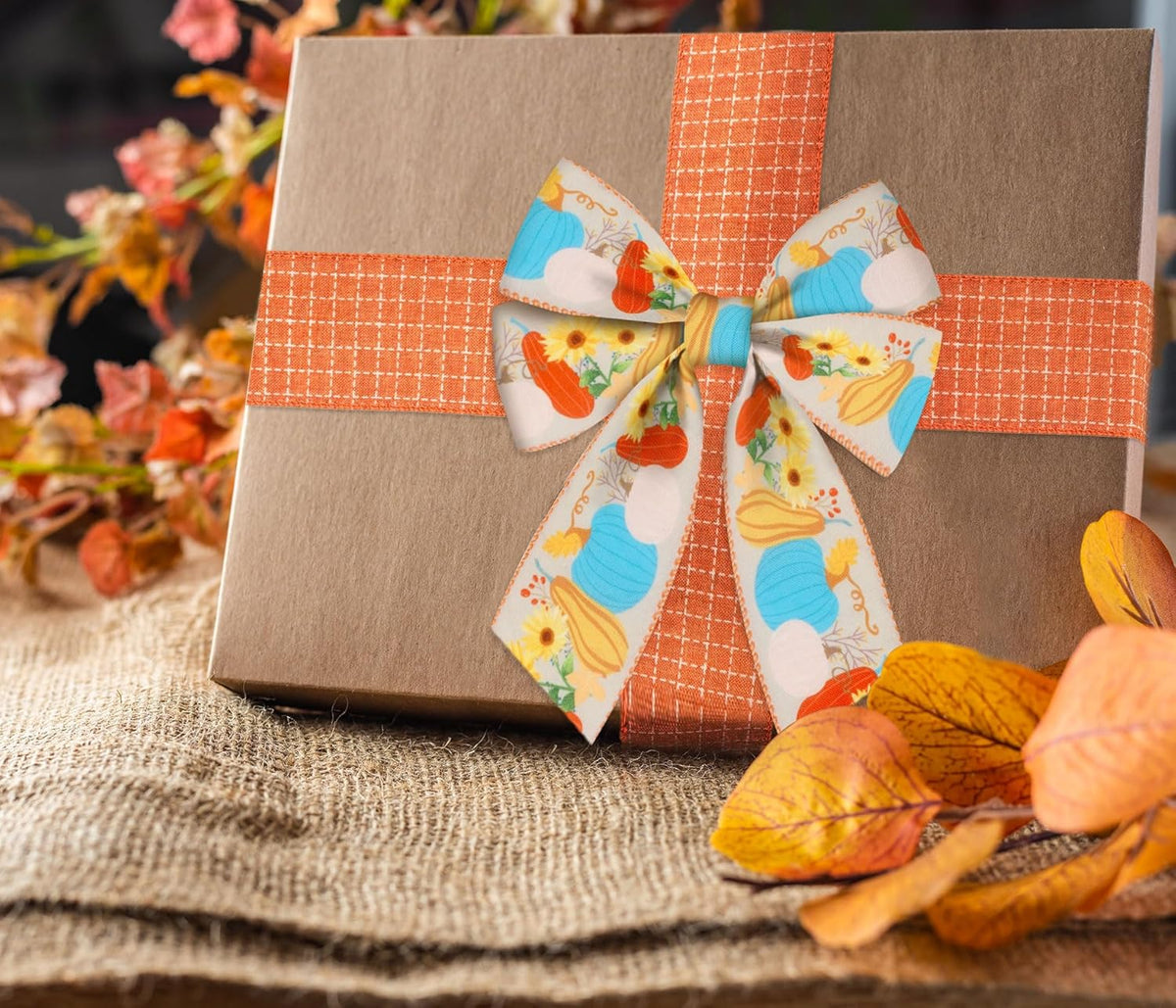 2 Rolls Fall Pumpkins Leaves Ribbons for Bows, Thanksgiving Wired Edge Ribbon Orange Buffalo Plaid Burlap Ribbons for Gift Wrapping Autumn Thanksgiving Decoration Supplies