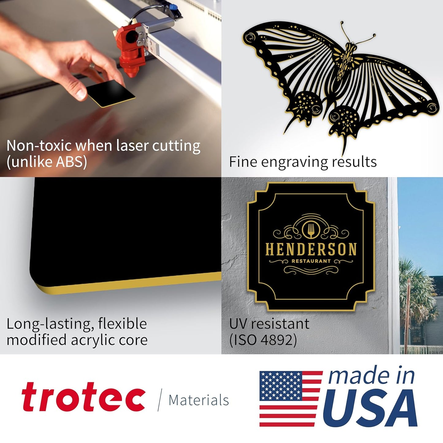 Trotec TroLase | 12"x24"x1/16", 4 Pcs | Black/Gold | 2 Ply | Modified Acrylic | Laser Engraving Double Color Plastic Sheet | Engraving Blanks for Laser, Saw, Guillotine | Made in USA