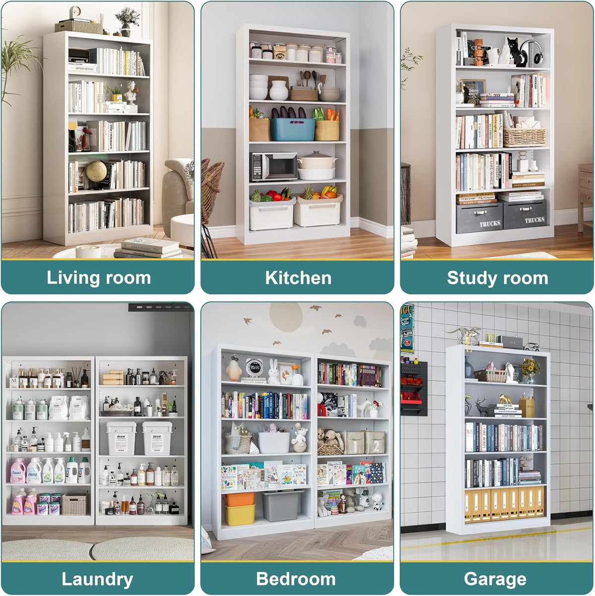 66"Heavy-Duty Steel Open Storage Cabinet with Adjustable Shelves, 6-Tier Shelving Unit, Easy Assembly Freestanding Organizer for Garage, Pantry,Office, Living Room (White, 5 Tier-66"Hx 33"W x14"D)