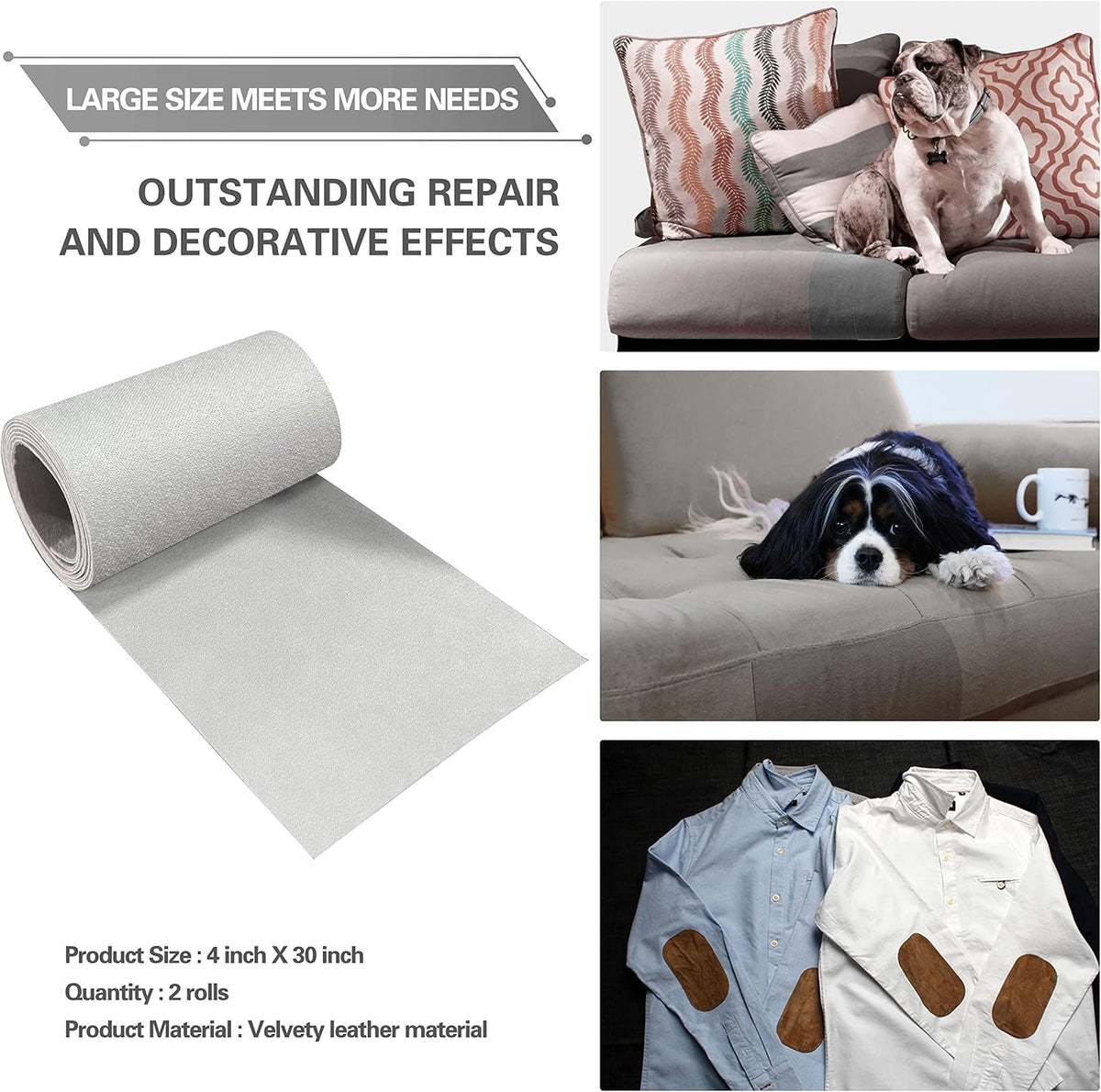 Velvet Repair Patch, Self-Adhesive Flannel Fabric Patch, Multi Colors, Microfiber Patch，Can be Used to Patch Sofas, Car Seats, Handbags, Jacket Holes and Tears (Grayish White)