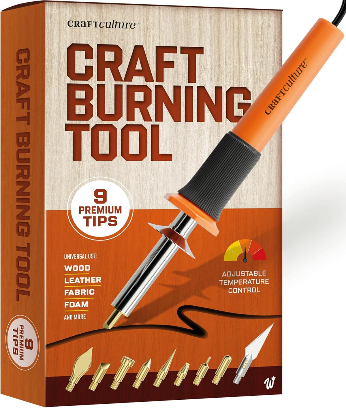 Craft Culture Wood Burning Tool Pen - Craft Burning Tools for Adults & Teens - Wood Burner Kit, Engraver, Carver, Pyrography, Woodburning - Includes 9 Premium Tips - Adjustable Temperature Control