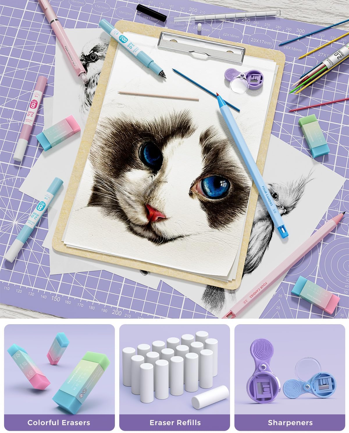 Four Candies 36PCS Aesthetic School Supplies, Mechanical Pencil Set 0.5mm, 0.7mm, 0.9mm & 2.0mm with 624 Lead Refills, Back to School Supplies for Writing & Drawing, Ideal Stationary Set Gift (Purple)