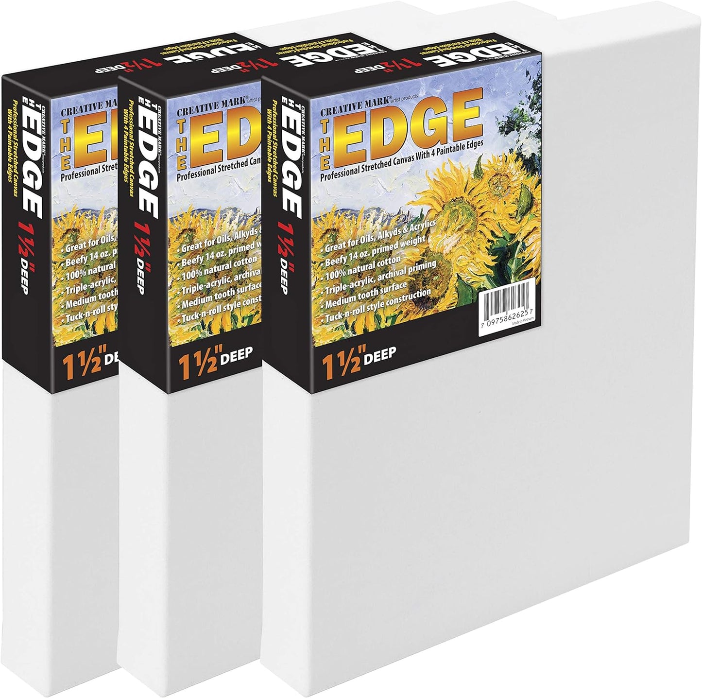 Creative Mark The Edge Deluxe Cotton 1-1/2" Deep Stretched Canvas for Painting, 6x6 Pack of 3, 14oz. Primed Weight, Universal Archival Priming, Medium Tooth, Hand-Stretched Canvas for Painters