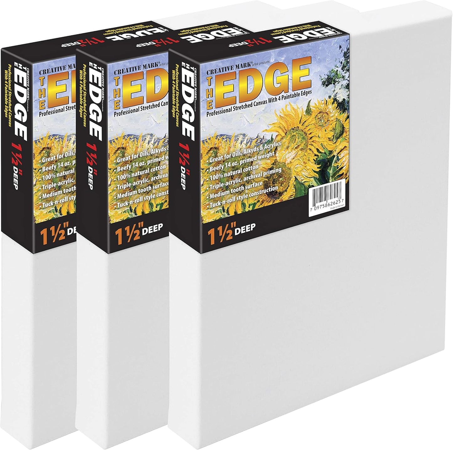 Creative Mark The Edge Deluxe Cotton 1-1/2" Deep Stretched Canvas for Painting, 6x18 Pack of 3, 14oz. Primed Weight, Universal Archival Priming, Medium Tooth, Hand-Stretched Canvas for Painters