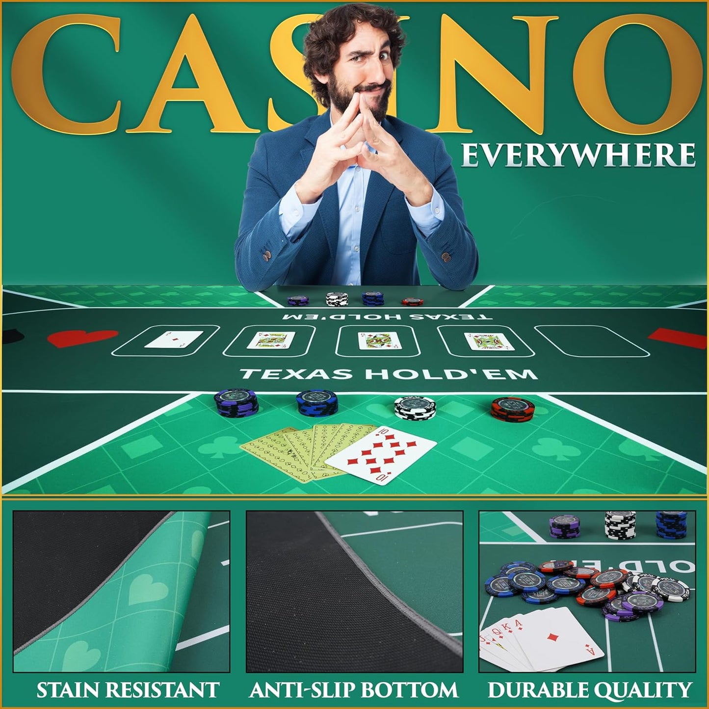 Poker Table Top - Foldable 70" x 35" Texas Hold'em Poker Mat with Non-Slip Backing and Zipper Carrying Bag - Waterproof and Portable Casino Table Topper Card Mat for Home Game Nights Up to 10 Players