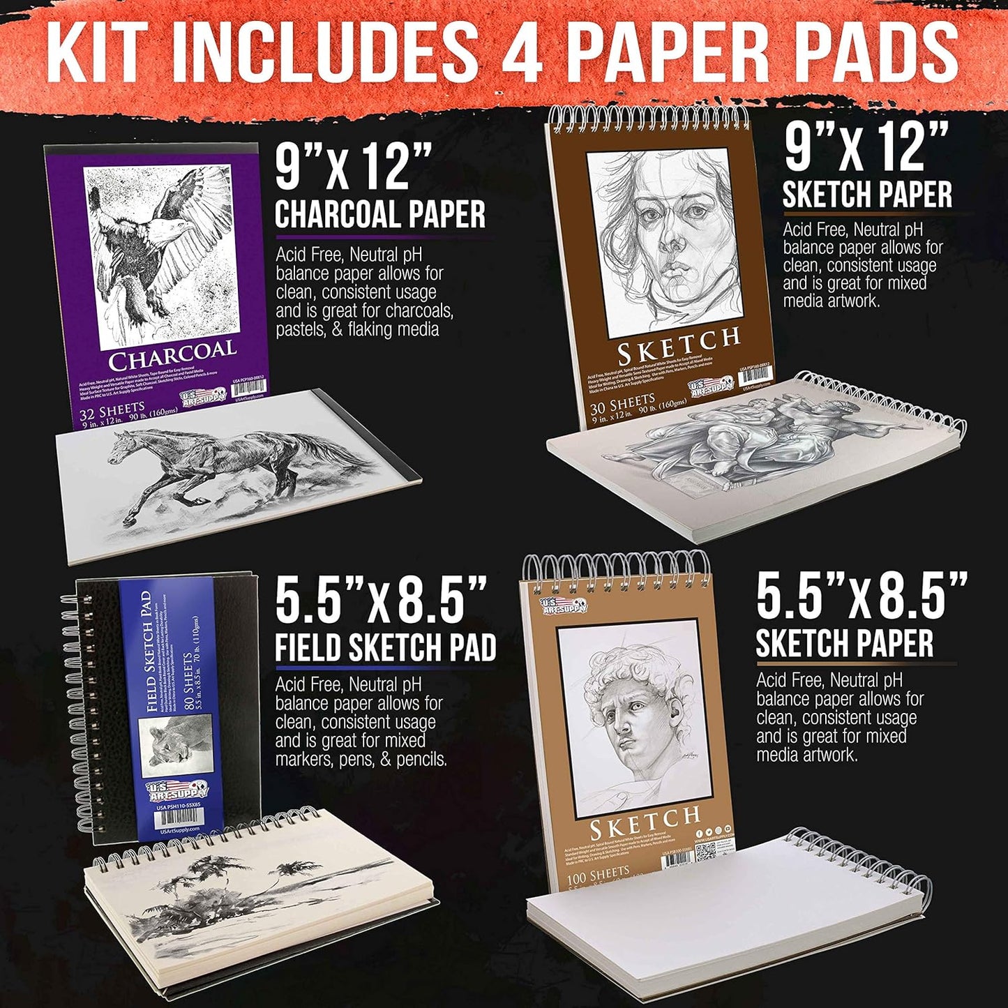 54-Piece U.S. Art Supply Drawing & Sketching Set with 4 Sketch Pads - Ultimate Artist Kit with Graphite, Charcoal, Pastels, Erasers in Pop-Up Carry Case