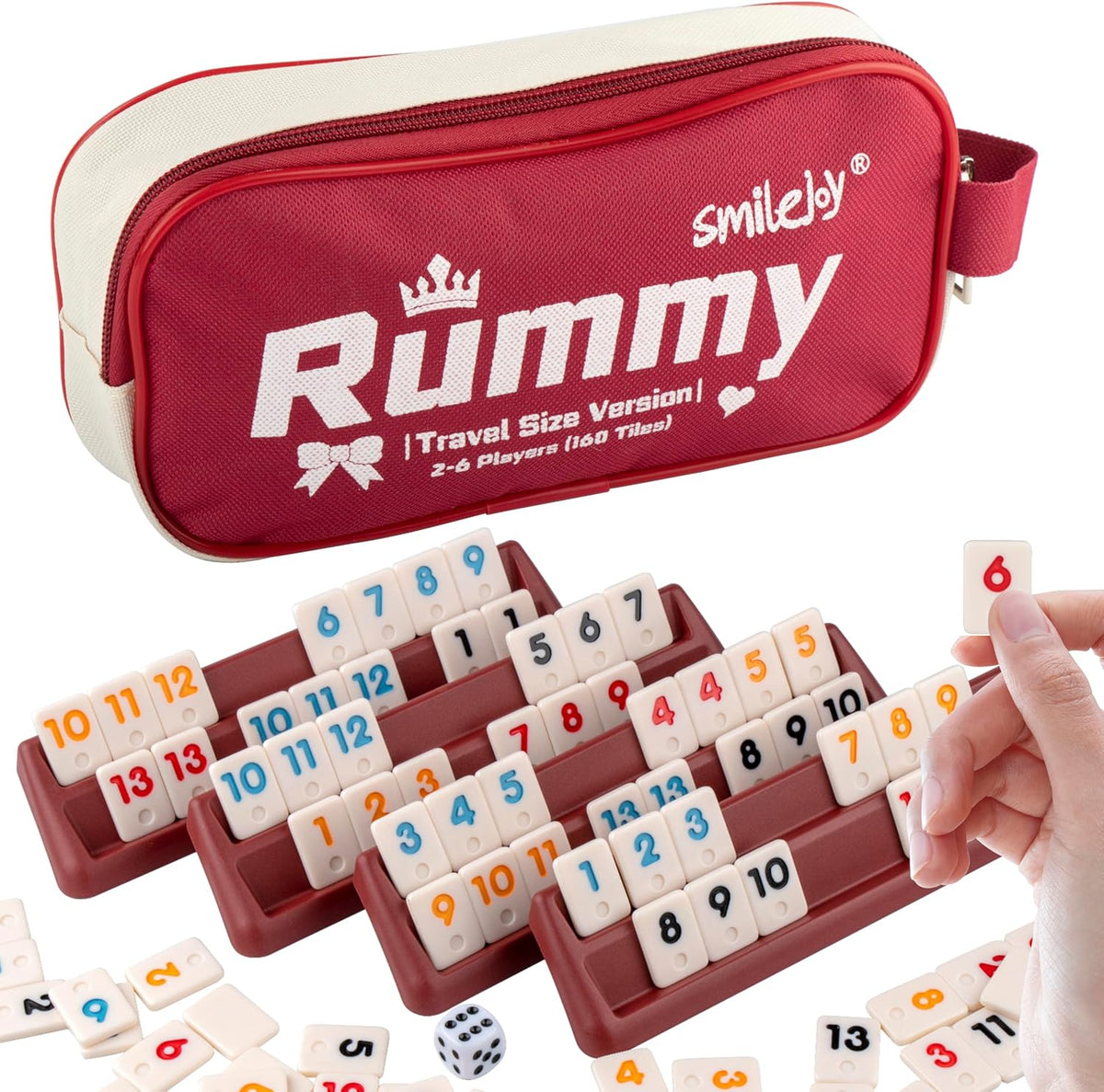 Mini Rummy Cube Six Player Edition, Travel Rummy Game Set with Portable Canvas Bag,Classic Board Game for Adults and Kids |160 Tiles|6 Playing Racks|1 Dice (2-6 Player)