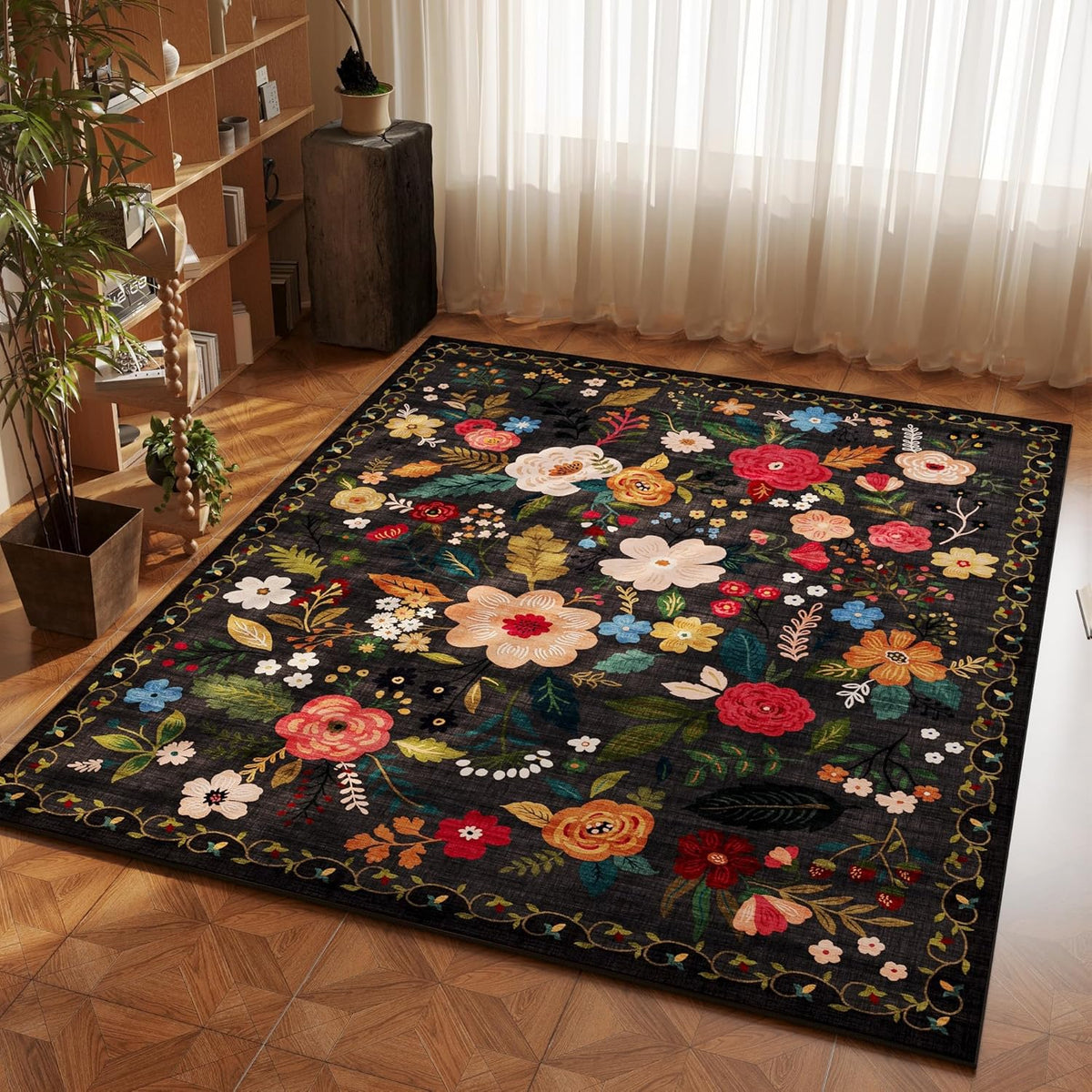 Rugcomf Area Rug 4x6 Rug Washable Boho Rugs Non Slip Low Pile Floral Small Carpet for Bedroom, Bedside, Kids Room, Office, Dining Room(Black)