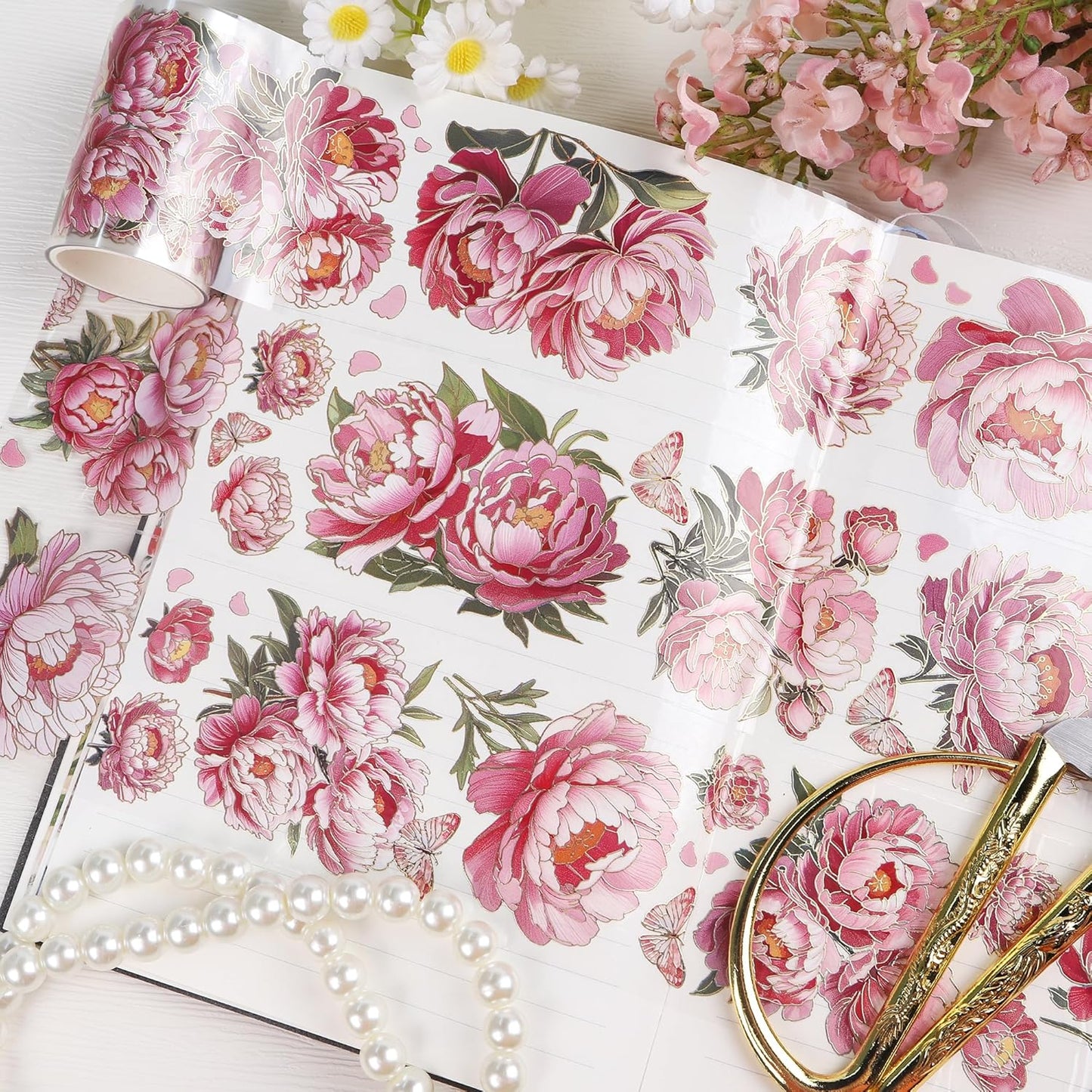 PET Tapes - Pink Flower Scrapbook Supplies, Transparent Floral Tapes for Junk Journal Planner