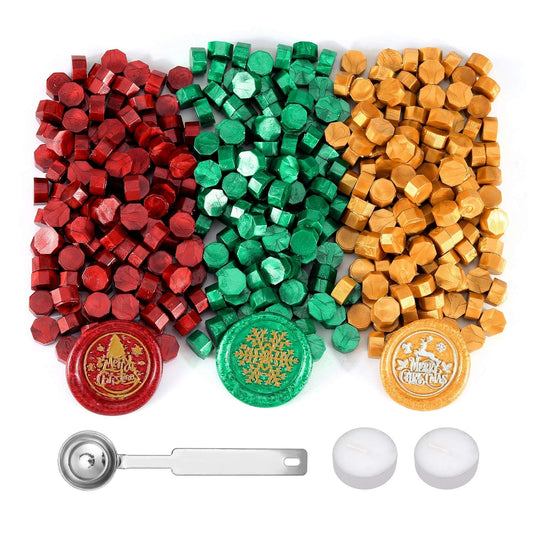 Yoption 360 Pieces Sealing Wax Beads Kit, Red God Green Christmas Sealing Wax with Candles and Melting Spoon, 3 Colors