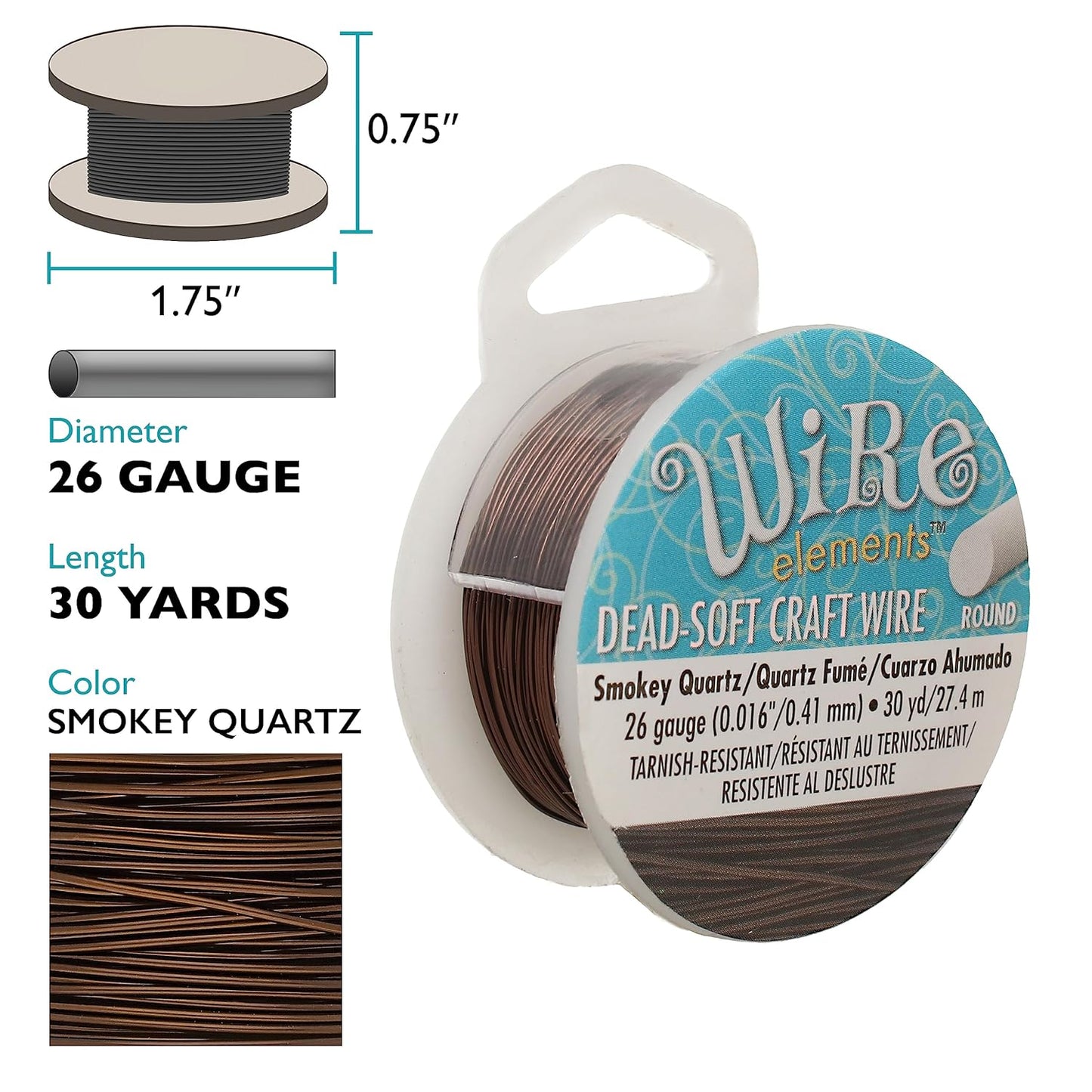 The Beadsmith Wire Elements Craft Wire – Tarnish Resistant, Soft Temper, Round, Smoke Quartz Color – 0.41mm, 26 Gauge, 30 Yard Spool – Jewelry Making, Wire Wrapping, Floral, & Other DIY Crafts