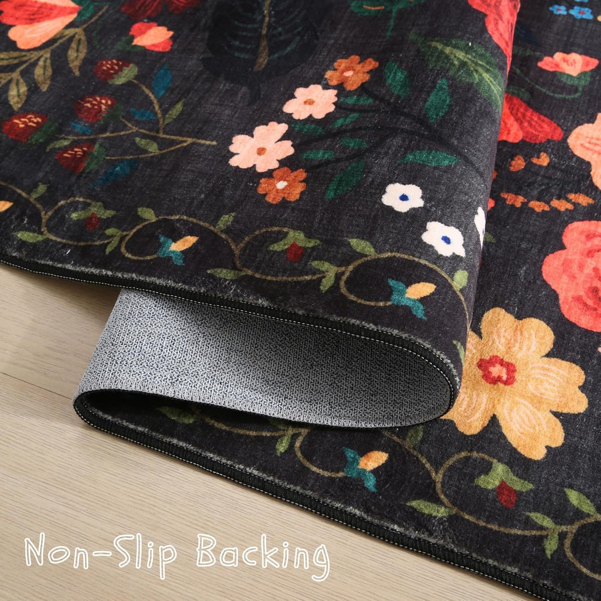 Rugcomf Area Rug 4x6 Rug Washable Boho Rugs Non Slip Low Pile Floral Small Carpet for Bedroom, Bedside, Kids Room, Office, Dining Room(Black)
