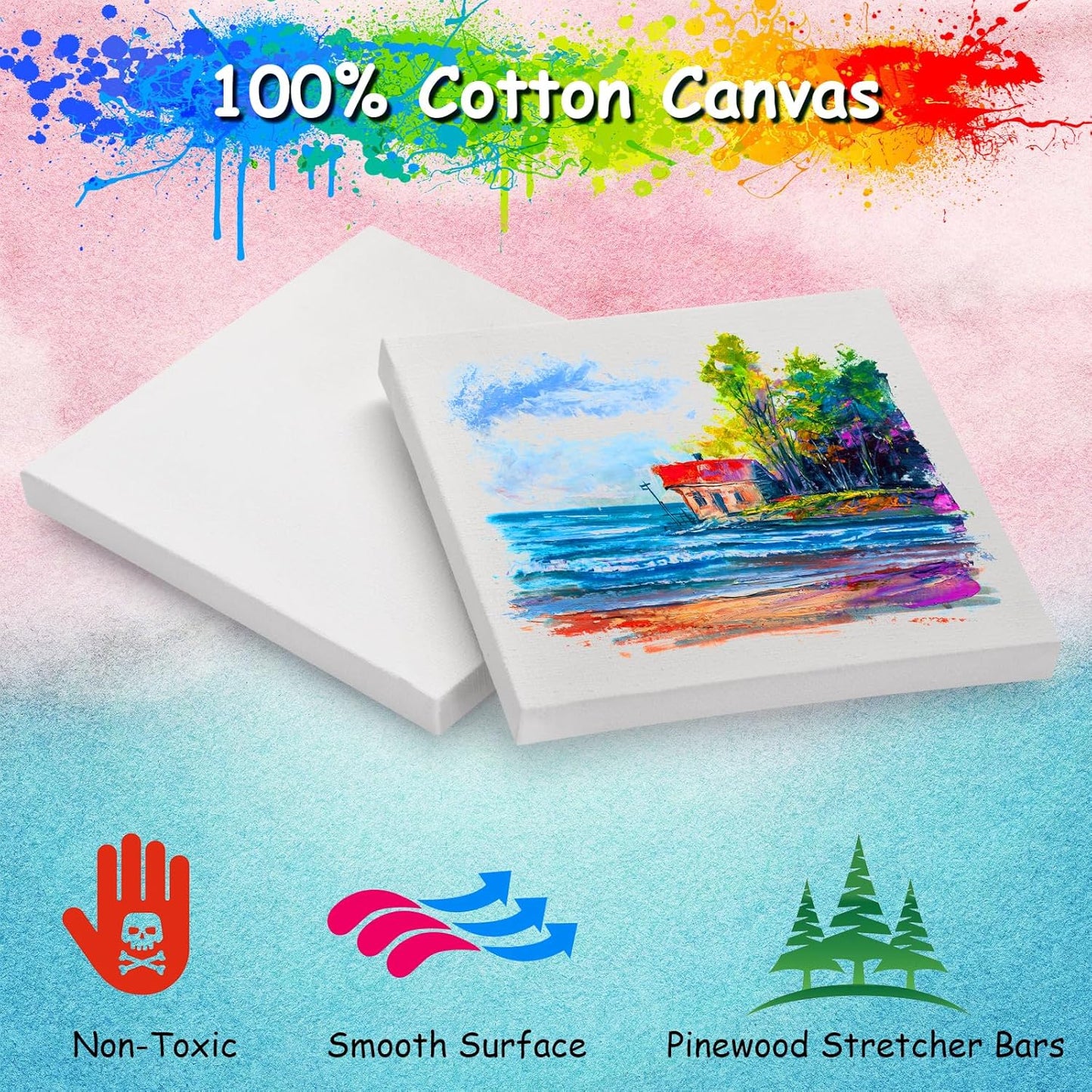 12PCS Mini Canvas and Easel Set - 5x5In Profile Small Square Canvases and 7.7 x 4.4In Easel - 100% Cotton Mini Stretch Canvas for Children's Painting Art Supplies, School Home Decorating Projects