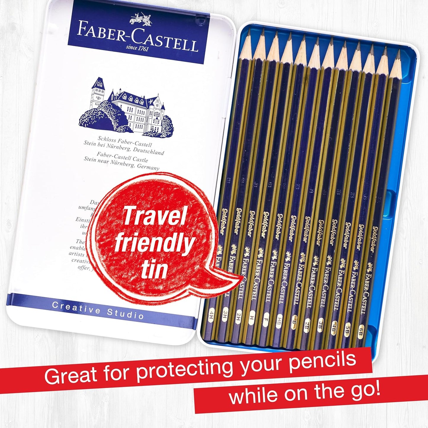Faber-Castell Graphite Pencils Drawing Set: 12 Art Pencils for Sketching (4H, 3H, 2H, H, F, HB, B, 2B, 3B, 4B, 5B, and 6B), Shading Pencils for Drawing and Sketching, Graphite Pencil Kit