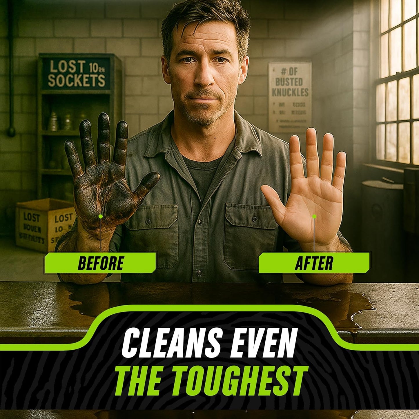 Grip Clean Heavy-Duty Hand Cleaner for Mechanics with Nail Brush - Moisturizing Coconut Oil Hand Cleaner Liquid Hand Soap with Stiff Bristle Nail Brush, Lime Scent - 32 Fl Oz Pump Top + Brush