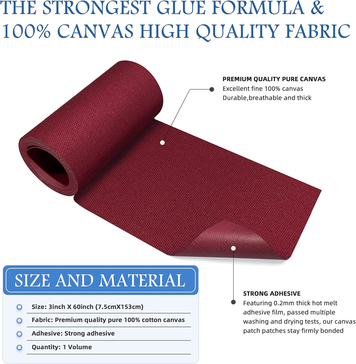 KING MOUNTAIN Canvas Iron on Patch,3"×60",Waterproof 100% Cotton Fabric Repair Patch,Used for Various Sofa,Tent,Clothes,Seats,Suitcases (Burgundy)