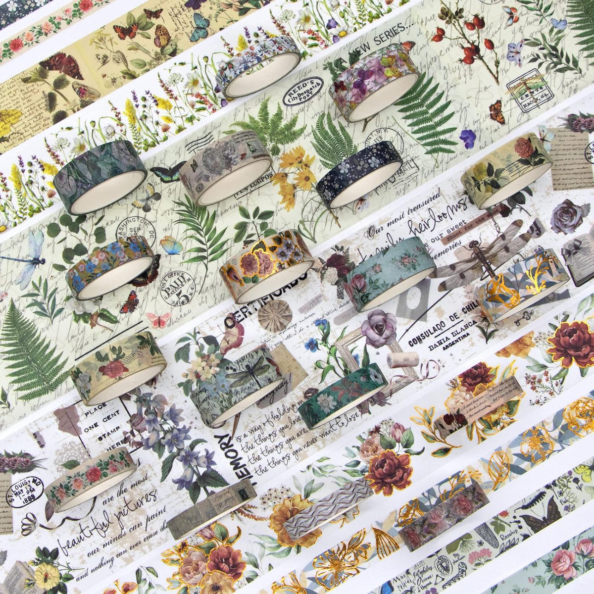 37 Rolls Vintage Washi Tape Set - Decorative Tape Floral Butterfly Mushroom Botanical,Adhesive Tape for Journaling Supplies,Scrapbooking,Junk Journal Supplies5/8/10/15/30/75mm Wide9.84ft Long/Roll