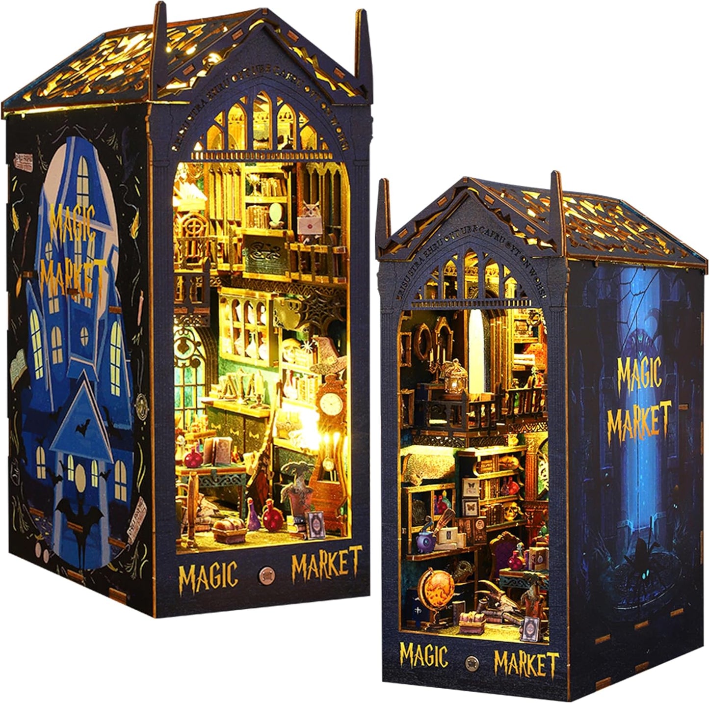 ISSEVE DIY Book Nook Miniature Kits for Adults, 3D Wooden Puzzle Dollhouse Miniature House Kit for Booknook Shelf Insert Decor, Creative Assembled Bookends Bookshelf with Sensor Light (Magic Market)