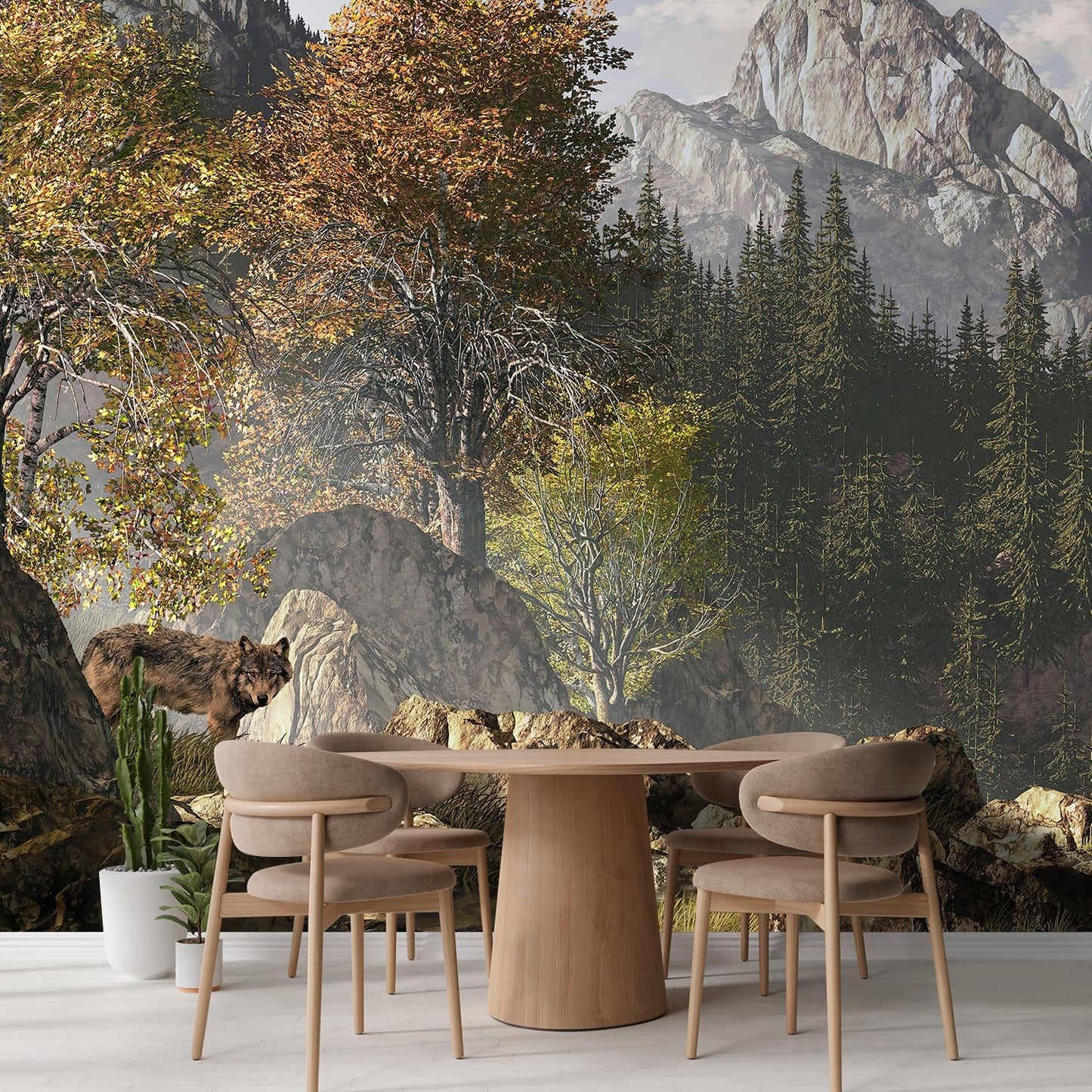 wall26 Wall Sticker/Wall Mural Wolf Near a Lake in a Rocky Mountain Landscape, Not Peel and Stick, Non-Woven Wallpaper Decorative for Bedroom, Living Room,Office - 132x120 inches