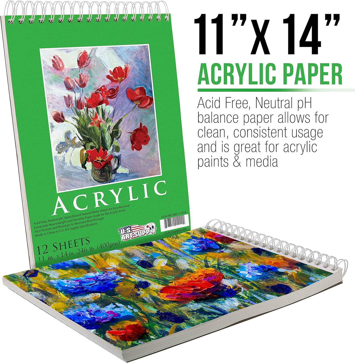 U.S. Art Supply 9x12 Premium Heavy-Weight Acrylic Painting Paper Pad, 246lb (400gsm), 2 Pack, 12 Sheets, Spiral Bound, for Acrylic Paint
