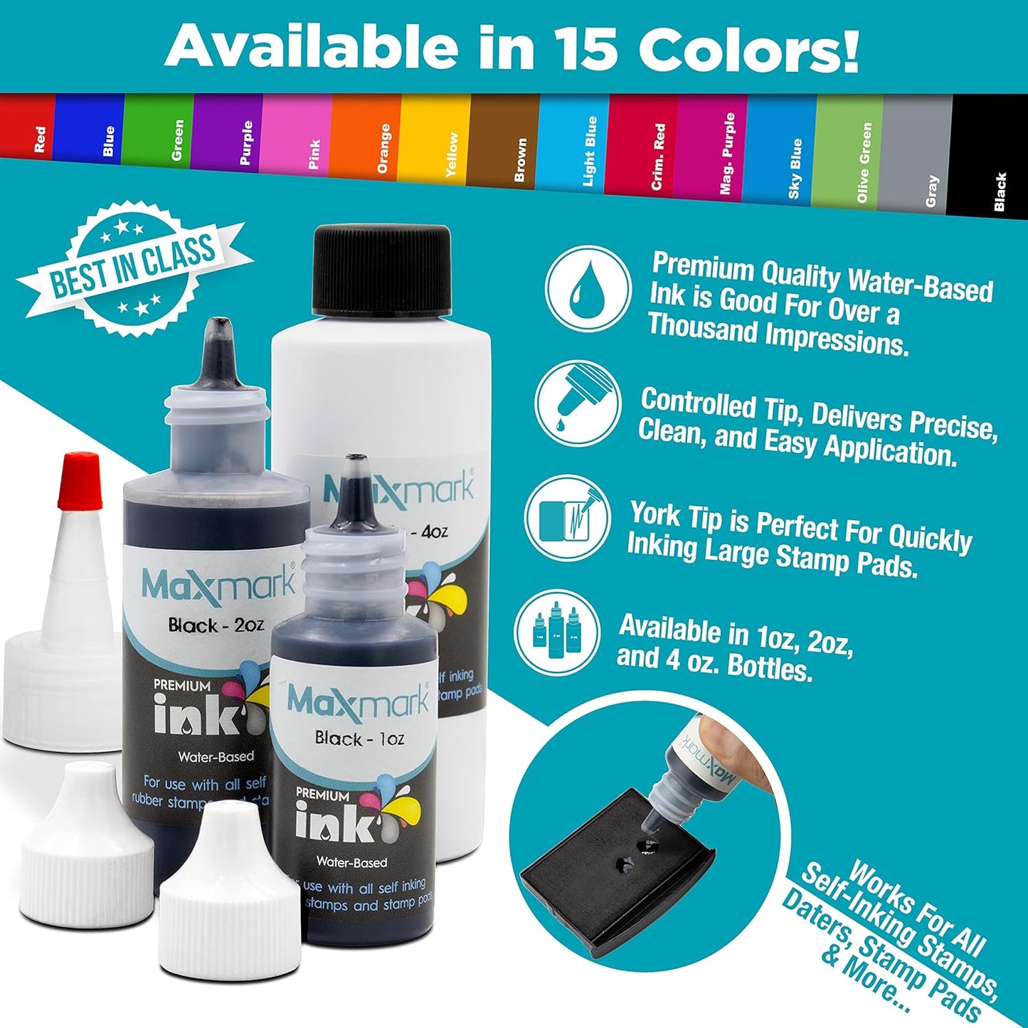 MaxMark Premium Refill Ink for self Inking Stamps and Stamp Pads, Crimson Red Color - 2 oz.