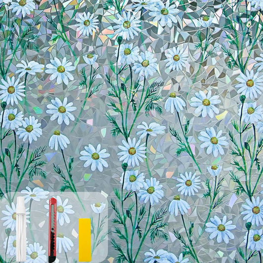 Window Privacy Film Stain Glass Window Film Rainbow Window Film Window clings Non-Adhesive Reusable Decorative for Room (Daisy Rainbow, 17.5 x 157.4 in)