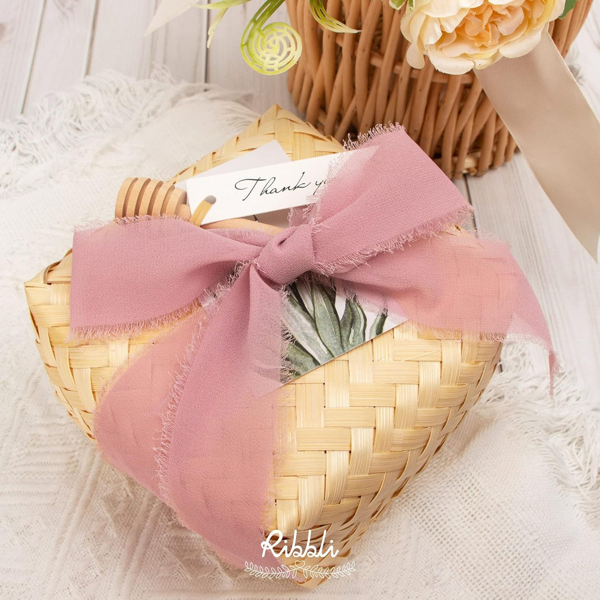 Ribbli Dusty Rose Chiffon Ribbon 1-1/2 inch x 20 Yard Handmade Fringe Chiffon Silk Ribbon,Mauve Ribbon for Wedding Invitations, Bridal Bouquets Wrapping, Flower Arrangement Decoration