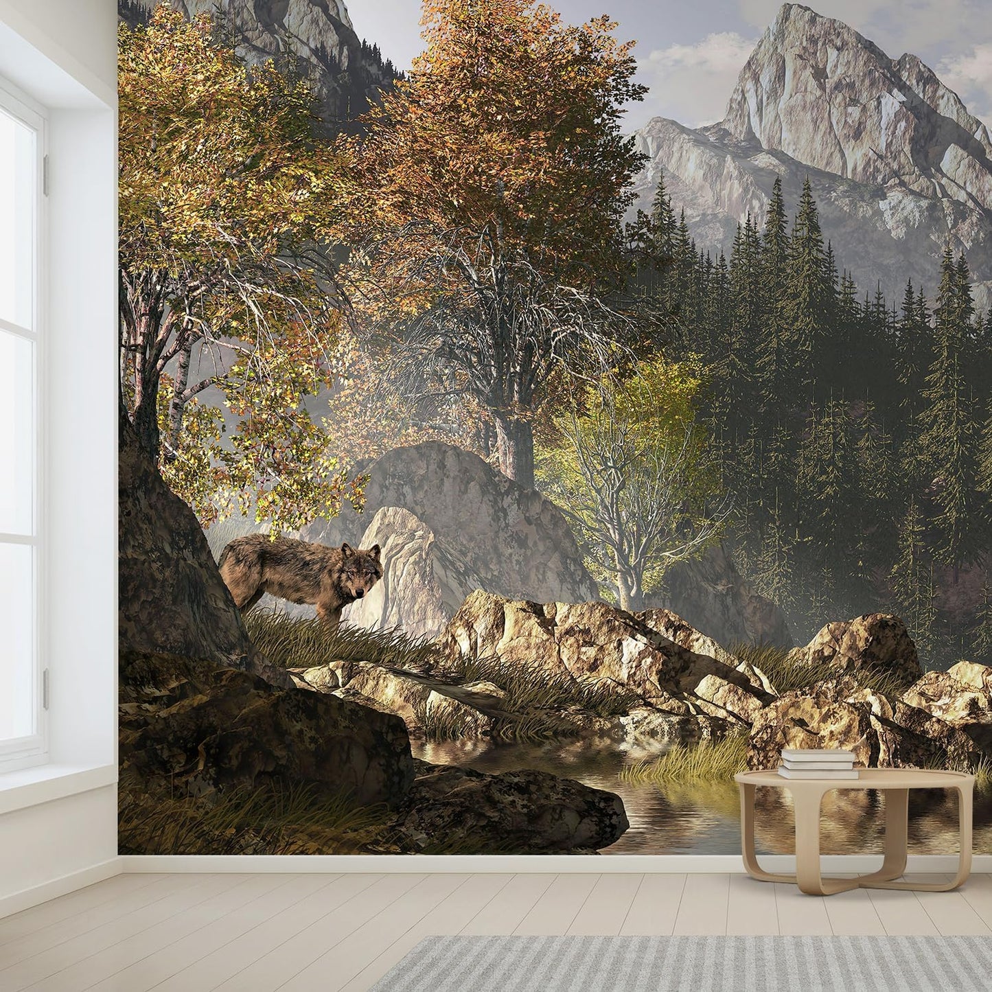 wall26 Wall Sticker/Wall Mural Wolf Near a Lake in a Rocky Mountain Landscape, Not Peel and Stick, Non-Woven Wallpaper Decorative for Bedroom, Living Room, Office - 108x144 inches