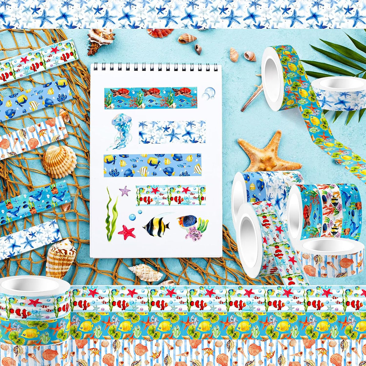 12 Rolls Blue Ocean Washi Tape, Underwater World Masking Tapes, Sea Animal Cartoon Decorative Tape for Arts, DIY Crafts, Journals, Planners, Scrapbook, Wrapping 16.4FT