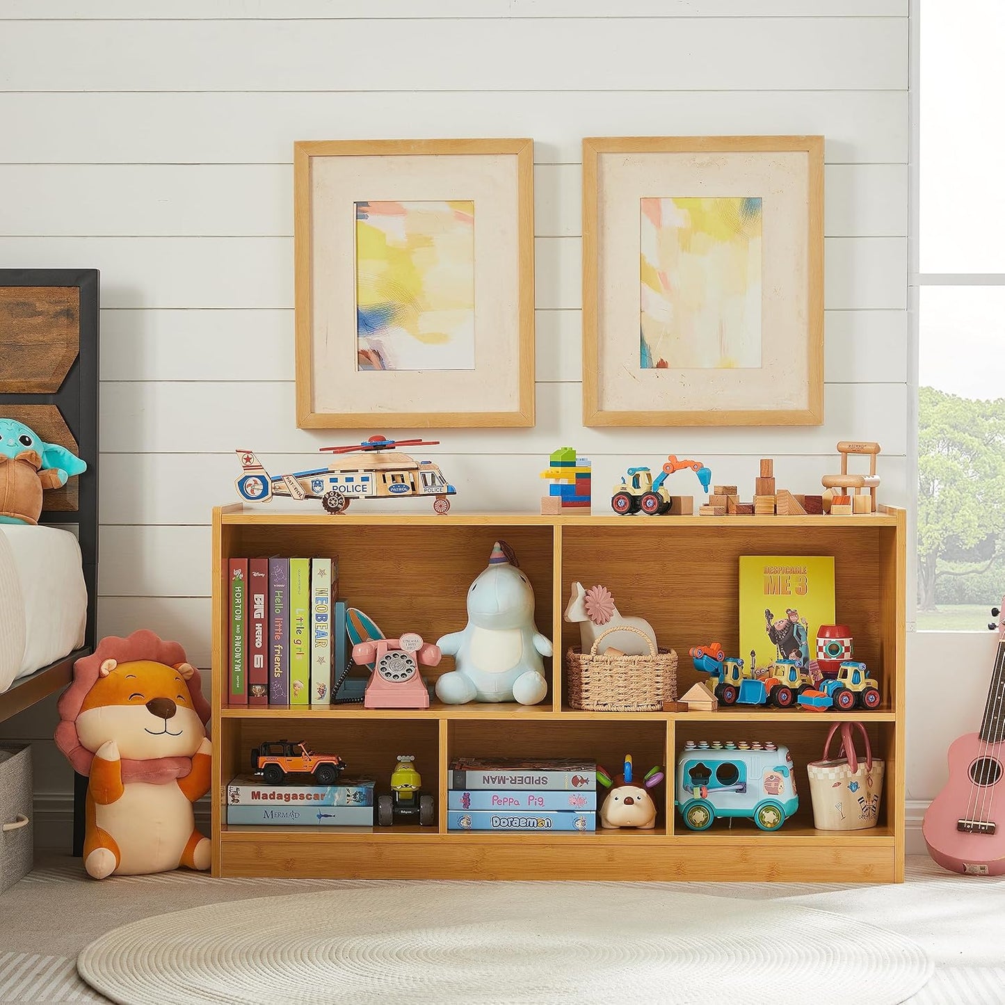 Toy Organizers and Storage, 5-Section Kids Bookshelf for Organizing Books Toys, School Classroom Wooden Storage Cabinet for Children's Room, Playroom, Nursery (Natural)