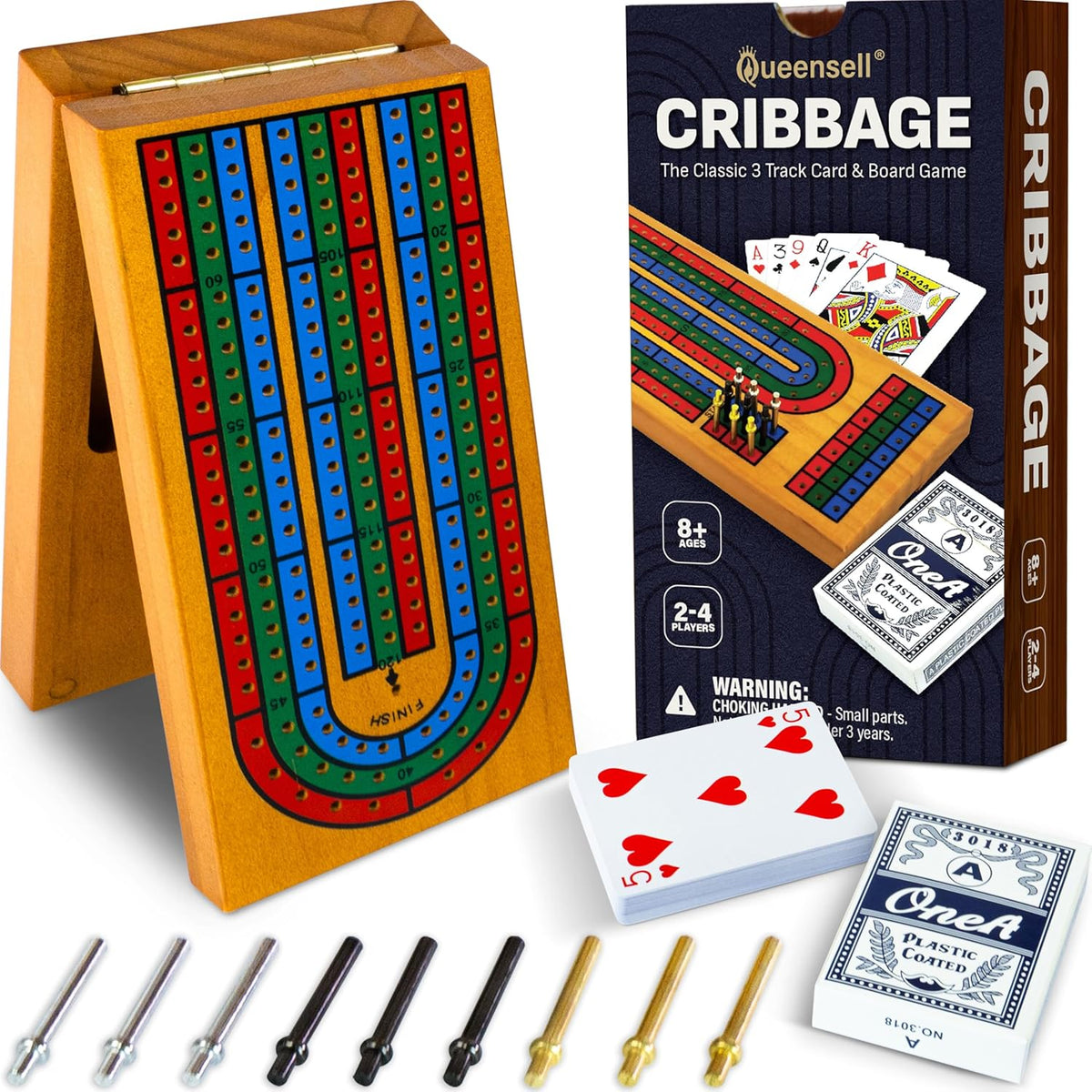 Cribbage Board Game Set with Storage - Classic Game Travel Cribbage Board with Wooden Card Storage for Adults & Kids - Ideal for Game Night