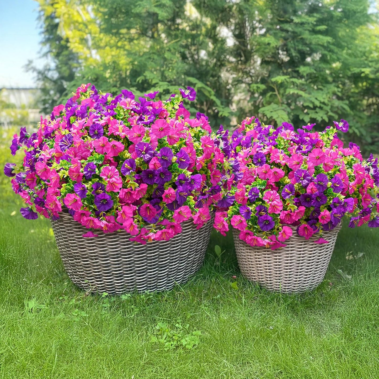 Artificial Flowers Fake Plants for Outdoors Decoration, 12 Bundles Silk Morning Glory with Eucalyptus Realistic UV Resistant Faux Flowers for Outside Planter Porch Yard Patio Garden Home Indoor, Mix