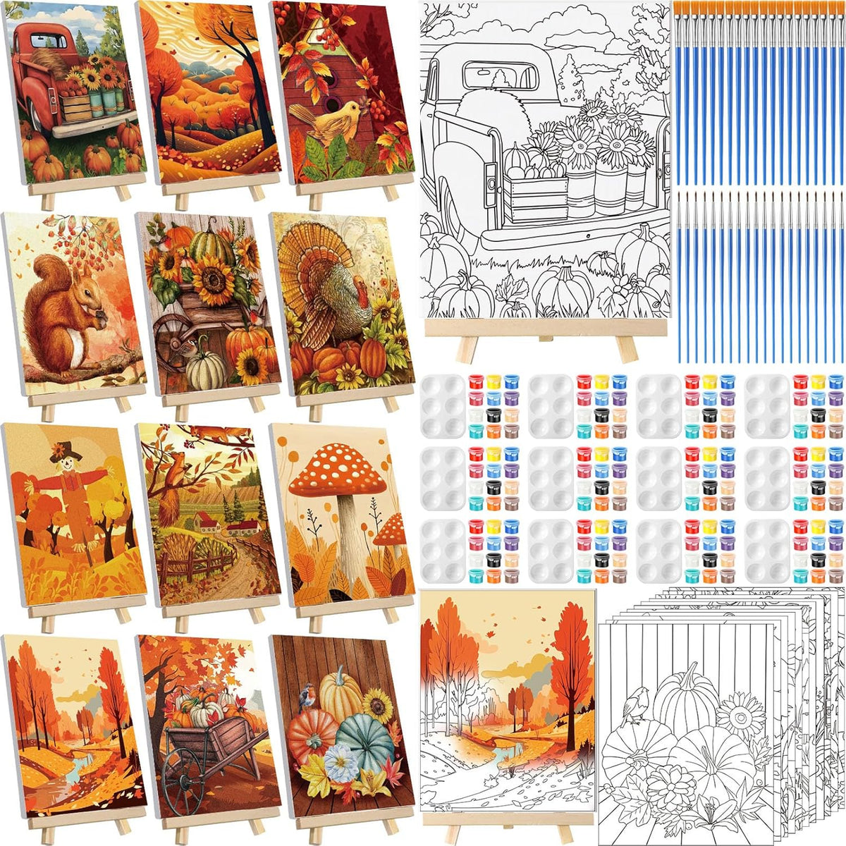 Zhanmai 12 Pack Pre Drawn Canvas for Painting Sip and Paint Kit 8" x 10" Paint Party Set Canvas Painting Pre Printed Canvases for Party Favor DIY Virtual Adult's Date Night(Fall Thanksgiving)