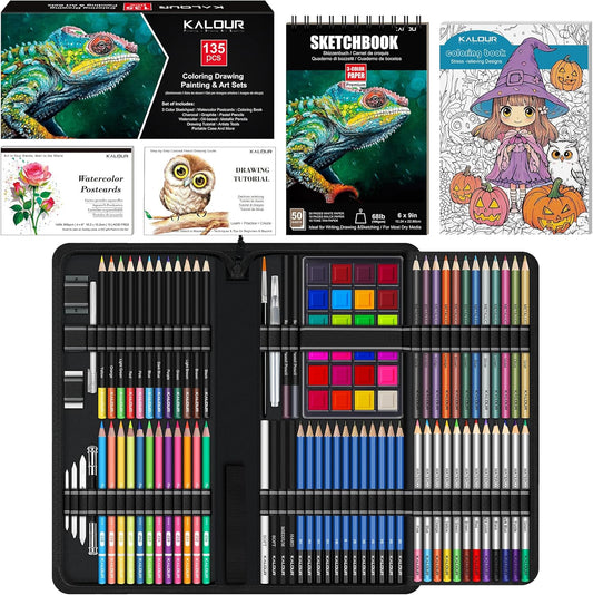KALOUR 135 Drawing Set Sketching Kit,Art Supplies with 3-color Sketchbook & Coloring Paper,Include Tutorial, Oil Based, Neon,Graphite, Charcoal, Watercolor & Metallic Pencil,for Artist Adults Beginner